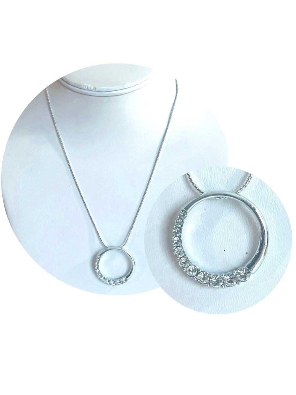 Vtg Open Circle Rhinestone Pendant Necklace Pave Crescent Silver Tone Classic